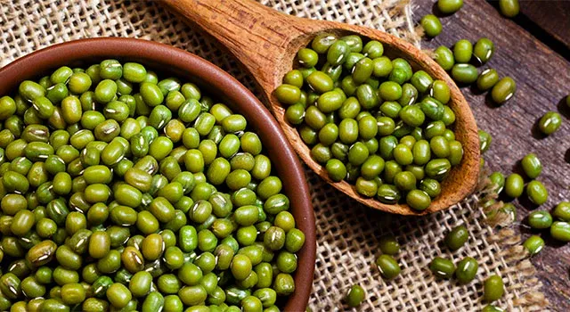 Green mung beans in a clay bowl and wooden spoon on hessian cloth